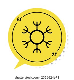 Black Snowflake icon isolated on white background. Yellow speech bubble symbol. Vector