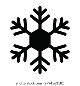 Black snowflake icon on white background, symbolizing winter weather and frosty conditions