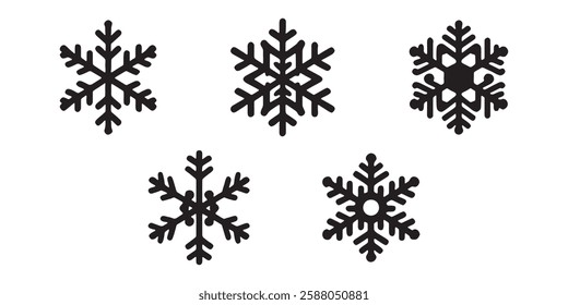 Black snowflake icon set line. Snowflakes collection. And White Background , Childish style. Flat design. Isolated. Vector illustration