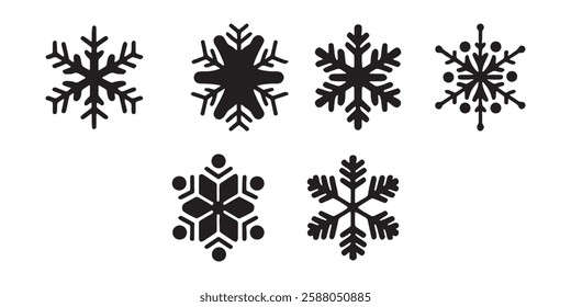 Black snowflake icon set line. Snowflakes collection. And White Background , Childish style. Flat design. Isolated. Vector illustration