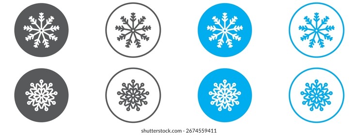 Black snowflake icon set line. Snowflakes collection. Different shape sign symbol. Cute funny snow flake winter template. Childish style. Flat design. Isolated. White background. Vector illustration