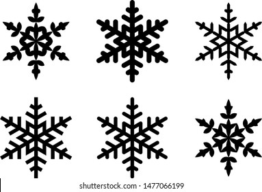 Black snowflake icons isolated on a white background. Symbols of Christmas, New Year, winter, snow, etc. Design elements for patterns, backgrounds. Vector illustration