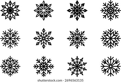 Conjunto de iconos de copo de nieve negro Colección de Vector de hielo y escarcha de invierno