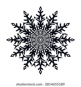 A black snowflake with intricate designs and patterns on a white background, winter wonderland
