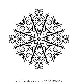 Black snowflake isolated on white background. Vector illustration.