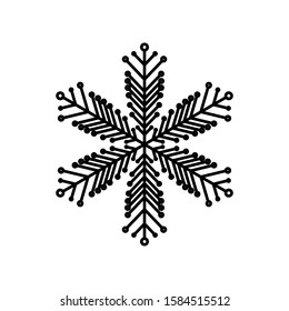 Black Snowflake isolated on white background. Flat snow icon silhouette. New year theme. Vector illustration