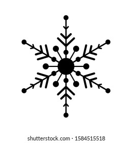 Black Snowflake isolated on white background. Flat snow icon silhouette. New year theme. Vector illustration