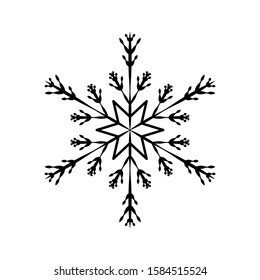 Black Snowflake isolated on white background. Flat snow icon silhouette. New year theme. Vector illustration