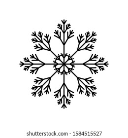 Black Snowflake isolated on white background. Flat snow icon silhouette. New year theme. Vector illustration