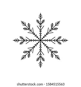 Black Snowflake isolated on white background. Flat snow icon silhouette. New year theme. Vector illustration