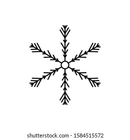 Black Snowflake isolated on white background. Flat snow icon silhouette. New year theme. Vector illustration