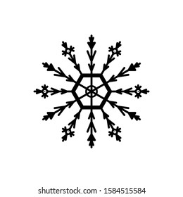 Black Snowflake isolated on white background. Flat snow icon silhouette. New year theme. Vector illustration