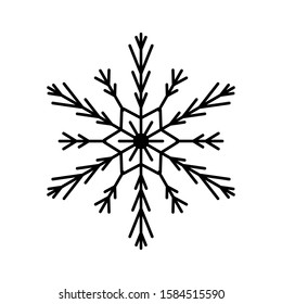 Black Snowflake isolated on white background. Flat snow icon silhouette. New year theme. Vector illustration