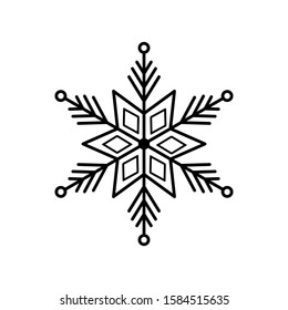 Black Snowflake isolated on white background. Flat snow icon silhouette. New year theme. Vector illustration