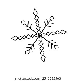 Black Snowflake isolated on white background. Line art, doodle, hand drawn. Xmas, New Year, winter elements of design and icons. Simple vector illustration.