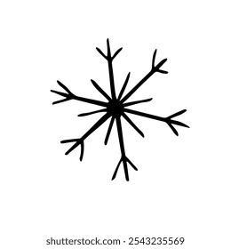 Black Snowflake isolated on white background. Line art, doodle, hand drawn. Xmas, New Year, winter elements of design and icons. Simple vector illustration.