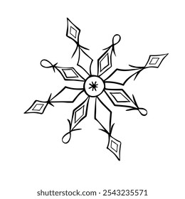 Black Snowflake isolated on white background. Line art, doodle, hand drawn. Xmas, New Year, winter elements of design and icons. Simple vector illustration.