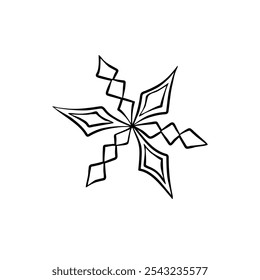 Black Snowflake isolated on white background. Line art, doodle, hand drawn. Xmas, New Year, winter elements of design and icons. Simple vector illustration.