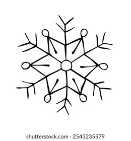 Floco de neve preto isolado no fundo branco. Linhagem, rabiscar, desenho à mão. Xmas, Ano Novo, elementos de inverno de design e ícones. Ilustração de vetor simples.
