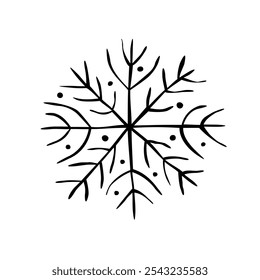 Black Snowflake isolated on white background. Line art, doodle, hand drawn. Xmas, New Year, winter elements of design and icons. Simple vector illustration.