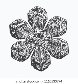 Black snowflake on white background. This vector illustration based on macro photo of real snow crystal: beautiful star plate with fine hexagonal symmetry, six short, broad arms and glossy surface.