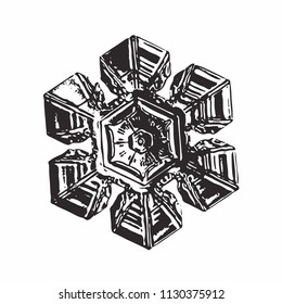Black snowflake on white background. This vector illustration based on macro photo of real snow crystal: beautiful star plate with hexagonal symmetry, six short broad arms and complex inner pattern.