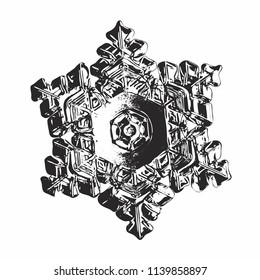 Black snowflake on white background. This vector illustration based on macro photo of real snow crystal: beautiful star plate with fine hexagonal symmetry, six short, broad arms and relief surface.