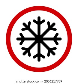 Black snowflake on white background, red round sign, warning icon, vector illustration