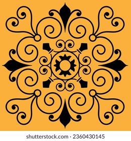 black snowflake ornament pattern on a yellow background