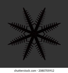 Black snowflake with red sparkles isolated on matte black background. Luxury Christmas element of decor. Awesome vector illustration