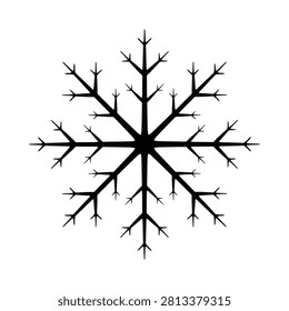 Black snowflake silhouette on a white background detailed crystalline structure