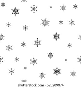 Black Snowflake, snow seamless simple  pattern on white background. Symbol of winter, Merry Christmas holiday, Happy New Year celebration. Abstract wallpaper, wrapping decoration. Vector illustration