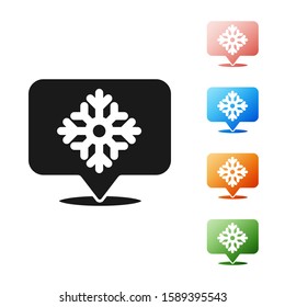 Black Snowflake with speech bubble icon isolated on white background. Merry Christmas and Happy New Year. Set icons colorful. Vector Illustration