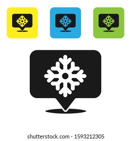 Black Snowflake with speech bubble icon isolated on white background. Merry Christmas and Happy New Year. Set icons colorful square buttons. Vector Illustration