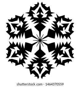 Black snowflake. Vector icon. Winter black christmas snow flake crystal element. Weather illustration ice collection. Xmas frost flat isolated silhouette symbol.