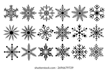 Schwarze Schneeflocken großes Set. Große Kollektion von eleganten Schneeflocken im Line Art Stil für Winter, Neujahr, Weihnachtsdesign. Vektorgrafik