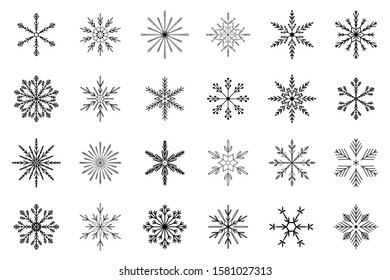 Black Snowflakes collection isolated on white background. Flat snow icon silhouette. New year theme.Vector illustration