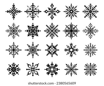 Black snowflakes isolated on white background.