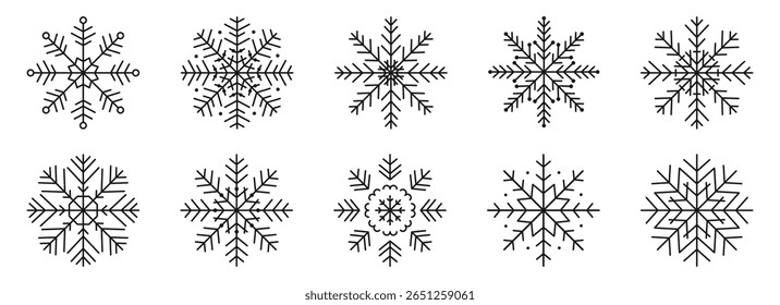 Conjunto de iconos de línea de copos de nieve negros. Elemento Esquema de nieve. Colección de copo de nieve geométrica simple de invierno. Estilo plano. Navidades, decoración del año nuevo con el golpe editable para el Anuncio, cartel, tarjeta de felicitación