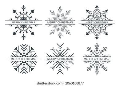 Monograma de copos de nieve negros. Marco de copo de nieve. Diseño navideño. Ilustración vectorial.