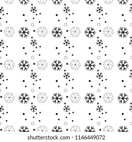 Black snowflakes seamless pattern on white Christmas background.
