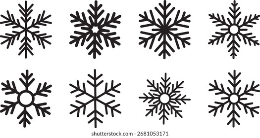 Conjunto de flocos de neve pretos, ilustração vetorial de inverno. Inverno em floco de neve. Ícone de inverno. Flocos de neve desenhados à mão simples. Inverno de neve. Isolado. Coleção Snowflakes de ilustração vetorial. Gráfico vetorial. EPS 10