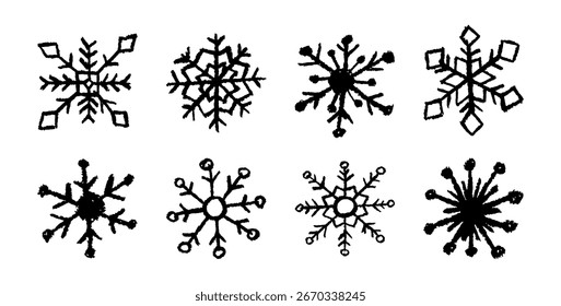 Schwarze Schneeflocken-Vektorgrafik mit gefrorenen Texturen im Kreide-, Buntstift-, Kohle- und Markerstil. Eine farbige Weihnachtskollektion für Kinder mit gezückten Weihnachtskristallformen.