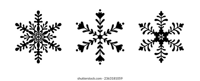Juego de vectores de copos de nieve negros. Extraordinarias ilustraciones de copos de nieve de doodle para el diseño de invierno y Navidad