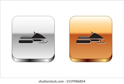 Black Snowmobile icon isolated on white background. Snowmobiling sign. Extreme sport. Silver-gold square button. Vector Illustration