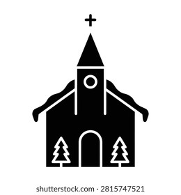 Black of a snowy church with pine trees