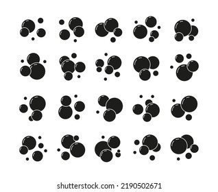 Schwarze Seifenblasen. Soda-Schaumsilhouette-Ikonen, Wasserlogo für die Chemie oder ein sprudelndes Getränk. Piktogramm-Kollektion für Vektorunterwasser-Bälle. Shampoo- oder Gel-Blasen, Sauerstoffkugeln