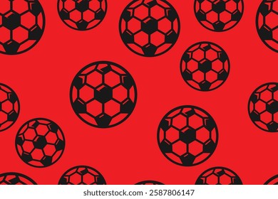 Black Soccer Balls on Red Background Seamless Vector Pattern
