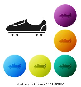 Black Soccer or football shoes with spikes icon isolated on white background. American football boot. Set icons colorful circle buttons. Vector Illustration