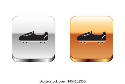 Black Soccer or football shoes with spikes icon isolated on white background. American football boot. Silver-gold square button. Vector Illustration